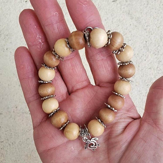 Turtle Charm  Natural Wood Bead Stretchband - South Florida Boho Boutique
