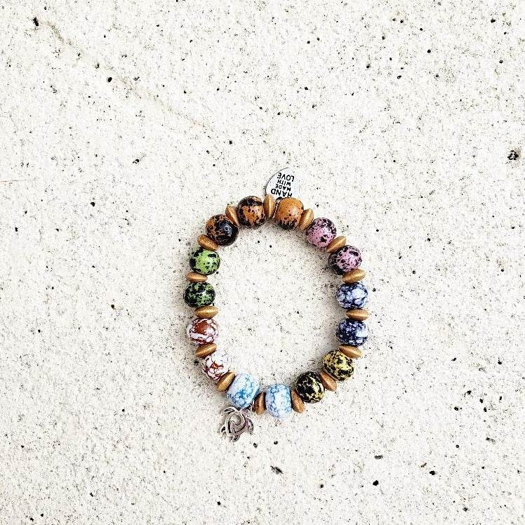 Multi Colored Ceramic Bead Stretchband With Turtle Charm - South Florida Boho Boutique