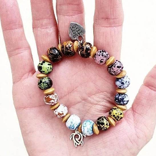 Multi Colored Ceramic Bead Stretchband With Turtle Charm - South Florida Boho Boutique