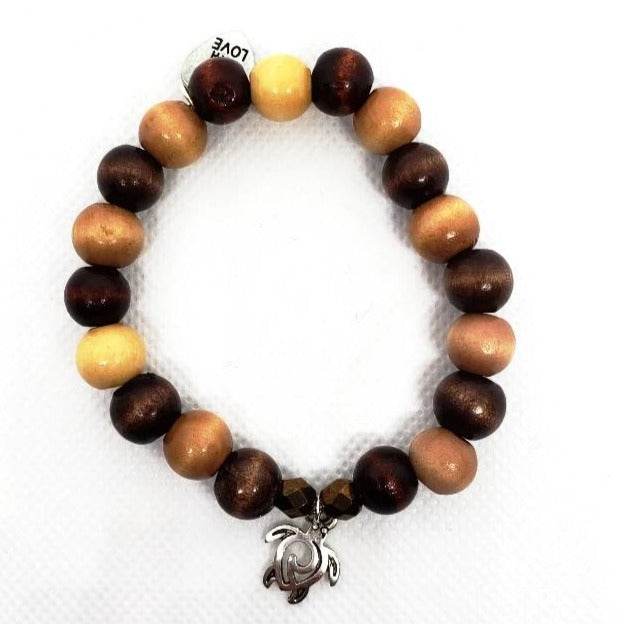 Turtle Charm Natural Wood Bead Stretchband - South Florida Boho Boutique