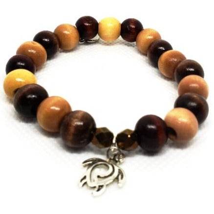 Turtle Charm Natural Wood Bead Stretchband - South Florida Boho Boutique