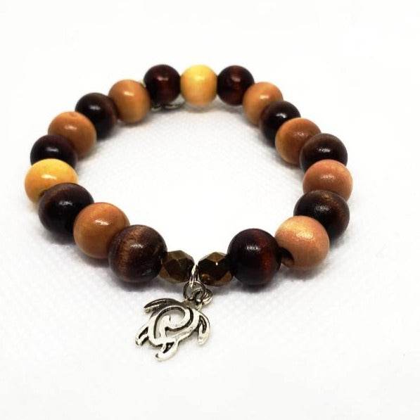 Turtle Charm Natural Wood Bead Stretchband - South Florida Boho Boutique