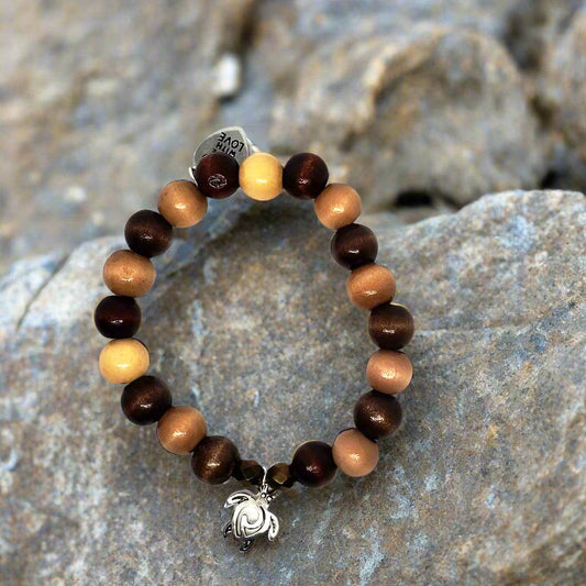 Turtle Charm Natural Wood Bead Stretchband - South Florida Boho Boutique