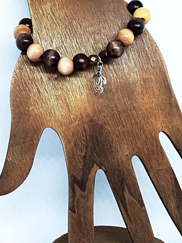 Turtle Charm Natural Wood Bead Stretchband - South Florida Boho Boutique