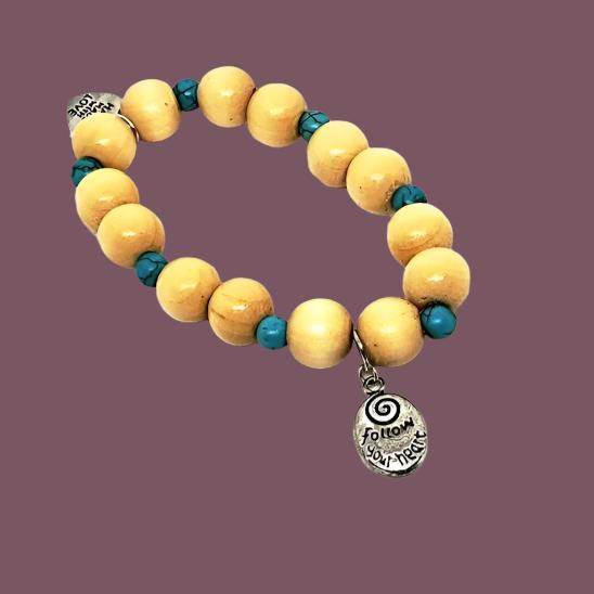 Follow Your Heart Charm  Natural Wood Bead Stretchband With Green Howlite Bead - South Florida Boho Boutique