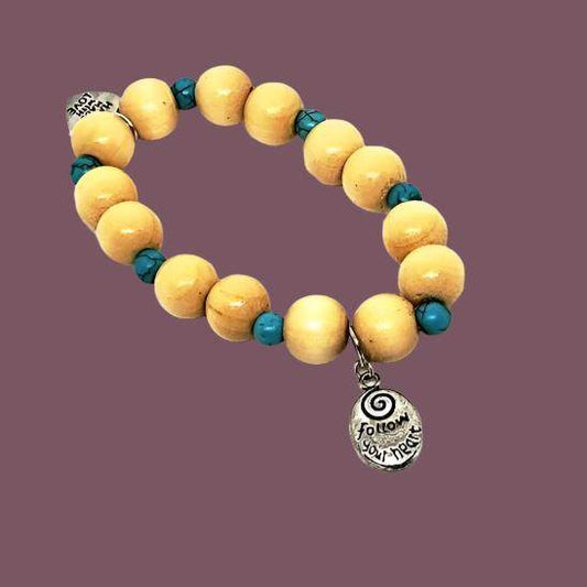 Follow Your Heart Charm  Natural Wood Bead Stretchband With Green Howlite Bead - South Florida Boho Boutique