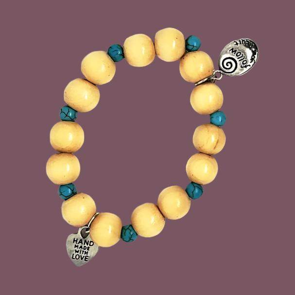 Follow Your Heart Charm  Natural Wood Bead Stretchband With Green Howlite Bead - South Florida Boho Boutique