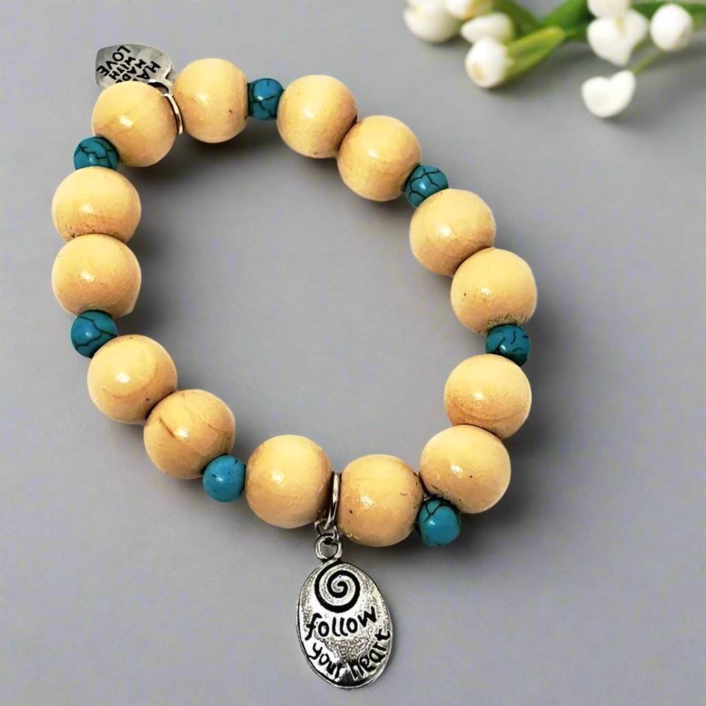 Follow Your Heart Charm  Natural Wood Bead Stretchband With Green Howlite Bead - South Florida Boho Boutique