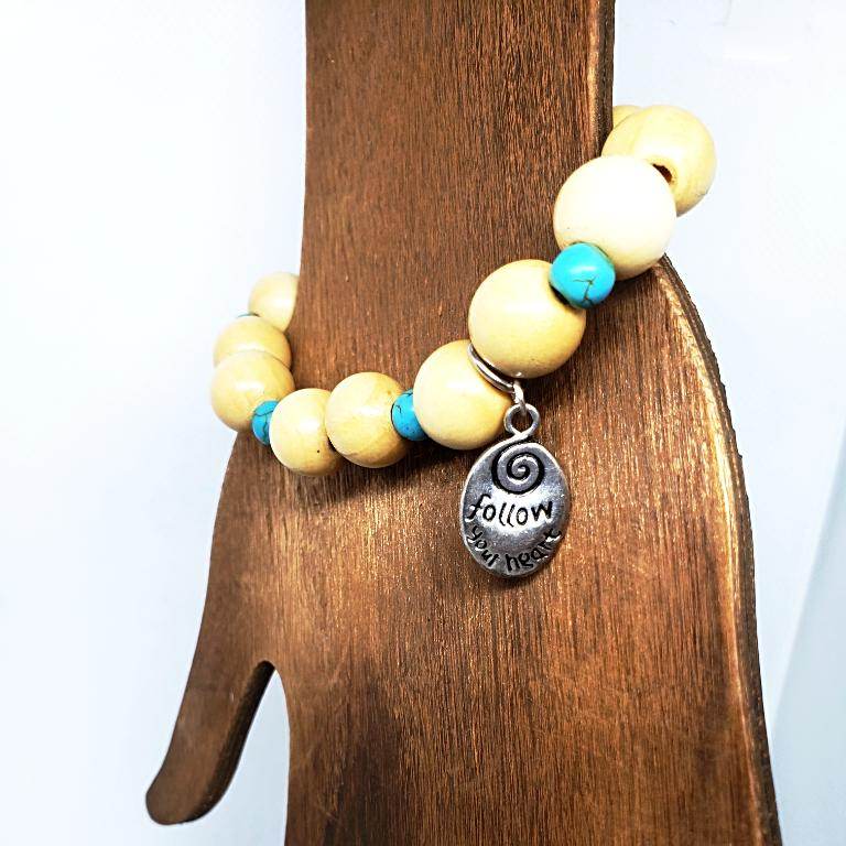 Follow Your Heart Charm  Natural Wood Bead Stretchband With Green Howlite Bead - South Florida Boho Boutique