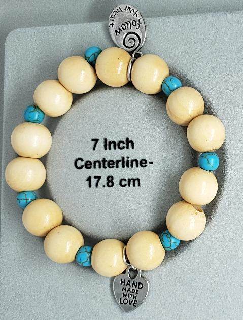 Follow Your Heart Charm  Natural Wood Bead Stretchband With Green Howlite Bead - South Florida Boho Boutique