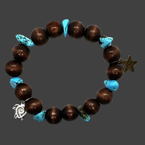 Turtle Charm Natural Wood Bead Stretchband With Blue Turquoise Howlite Chips - South Florida Boho Boutique
