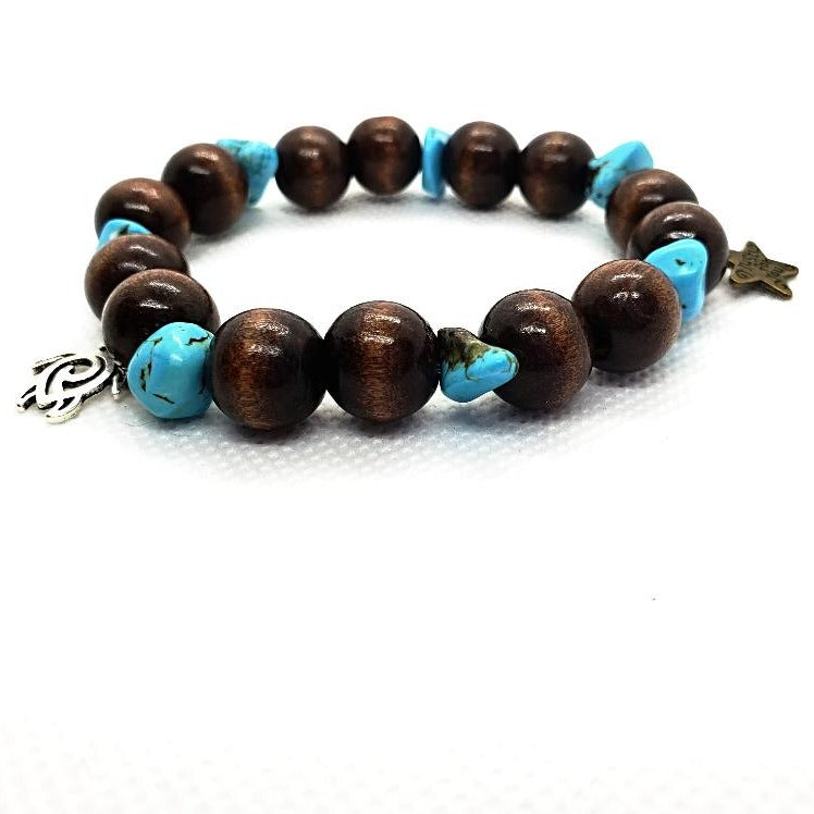 Turtle Charm Natural Wood Bead Stretchband With Blue Turquoise Howlite Chips - South Florida Boho Boutique