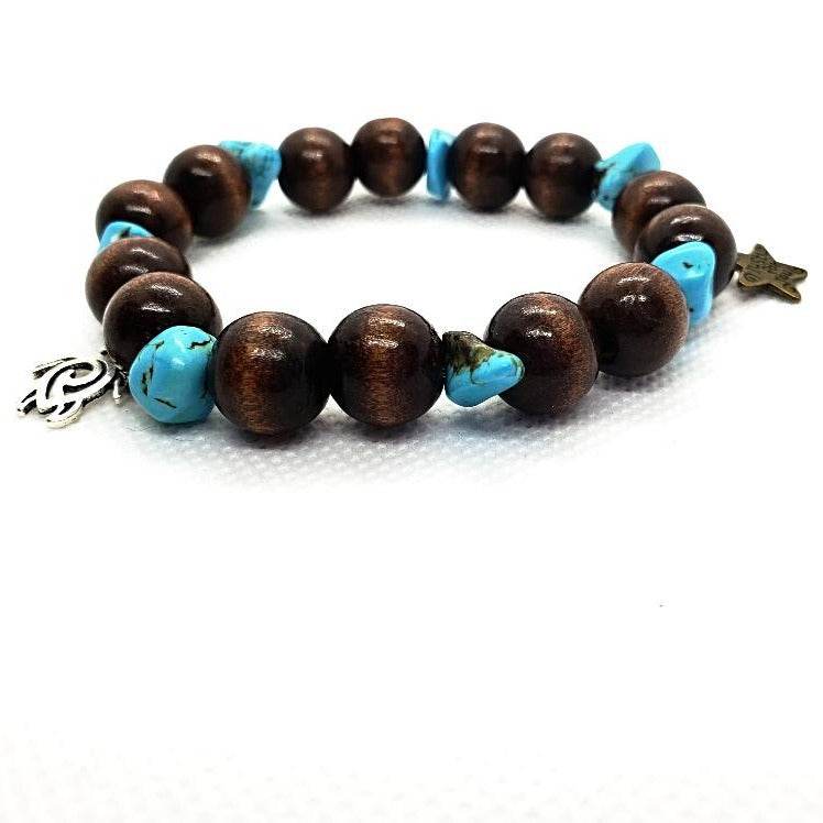 Turtle Charm Natural Wood Bead Stretchband With Blue Turquoise Howlite Chips - South Florida Boho Boutique
