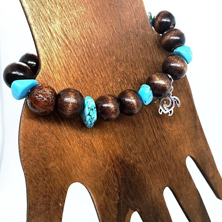Turtle Charm Natural Wood Bead Stretchband With Blue Turquoise Howlite Chips - South Florida Boho Boutique