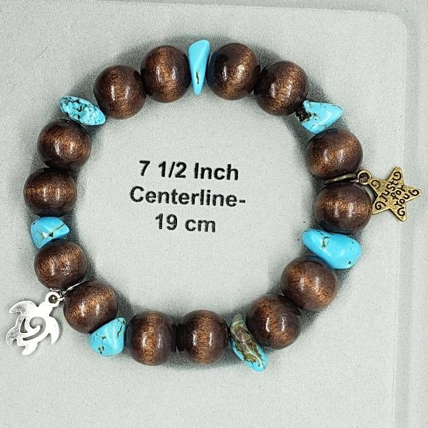 Turtle Charm Natural Wood Bead Stretchband With Blue Turquoise Howlite Chips - South Florida Boho Boutique