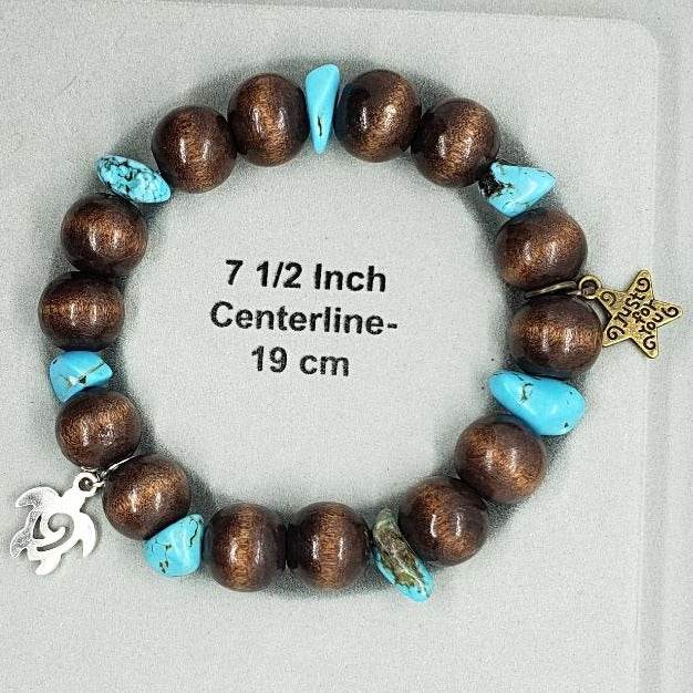 Turtle Charm Natural Wood Bead Stretchband With Blue Turquoise Howlite Chips - South Florida Boho Boutique