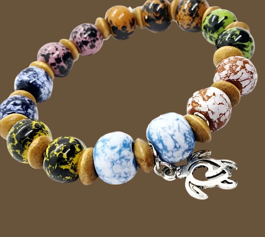 Multi Colored Ceramic Bead Stretchband With Turtle Charm - South Florida Boho Boutique