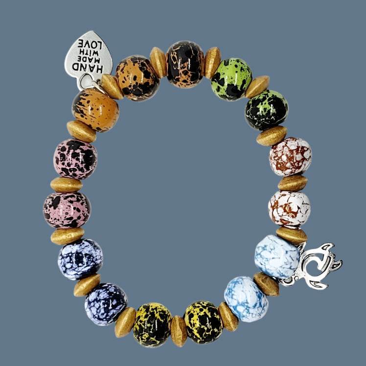 Multi Colored Ceramic Bead Stretchband With Turtle Charm - South Florida Boho Boutique