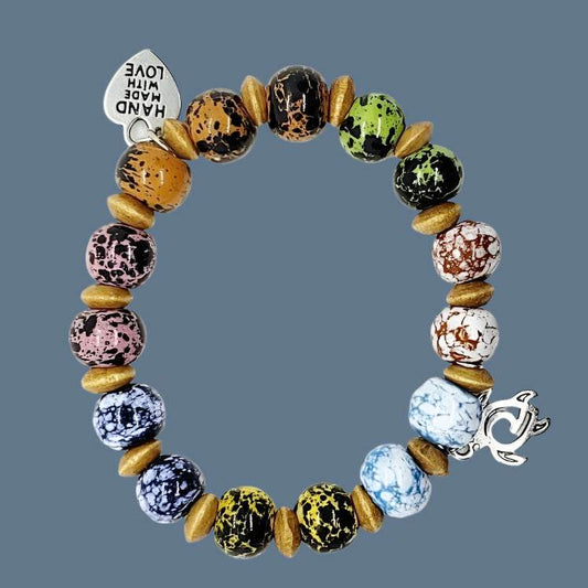 Multi Colored Ceramic Bead Stretchband With Turtle Charm - South Florida Boho Boutique