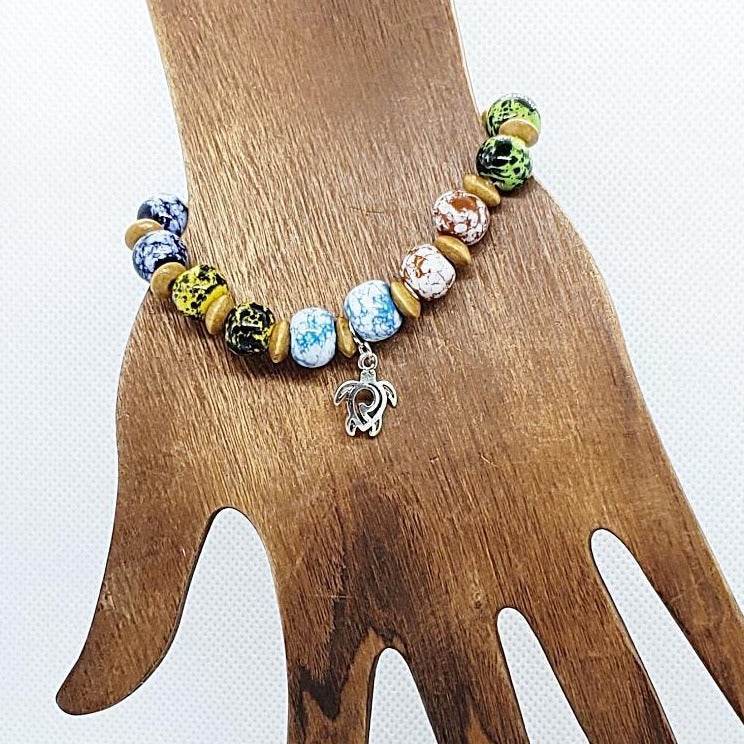 Multi Colored Ceramic Bead Stretchband With Turtle Charm - South Florida Boho Boutique