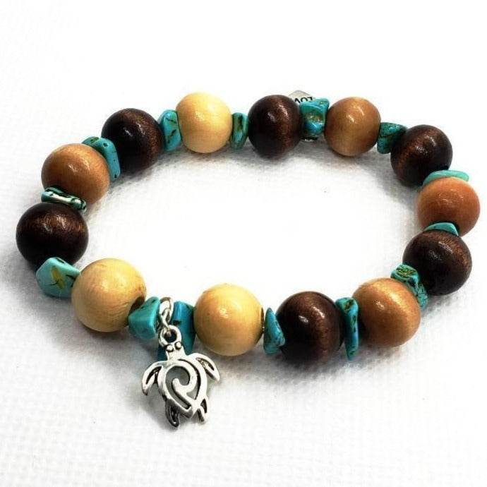 Turtle Charm  Natural Wood Bead Stretchband With Green Howlite Chips - South Florida Boho Boutique