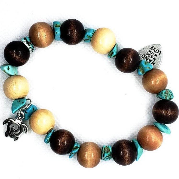 Turtle Charm  Natural Wood Bead Stretchband With Green Howlite Chips - South Florida Boho Boutique