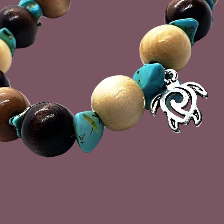 Turtle Charm  Natural Wood Bead Stretchband With Green Howlite Chips - South Florida Boho Boutique