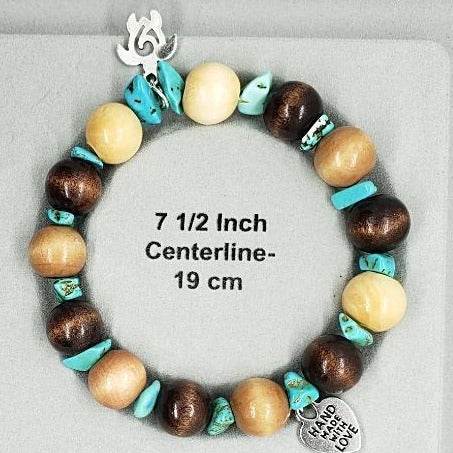Turtle Charm  Natural Wood Bead Stretchband With Green Howlite Chips - South Florida Boho Boutique