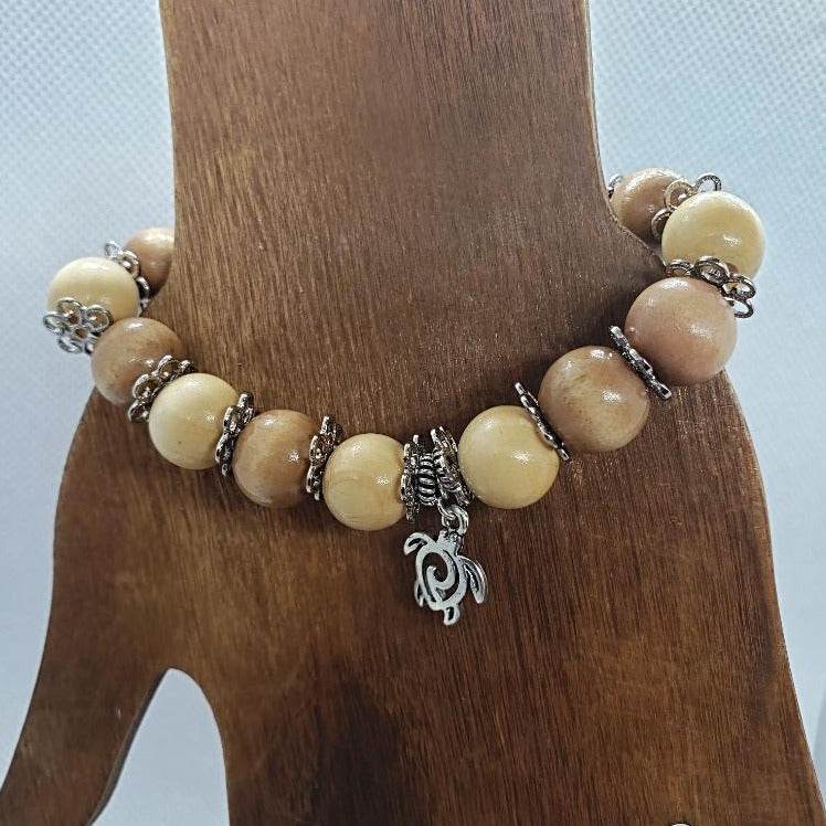 Turtle Charm  Natural Wood Bead Stretchband - South Florida Boho Boutique