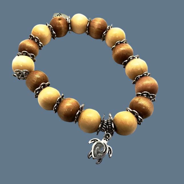 Turtle Charm  Natural Wood Bead Stretchband - South Florida Boho Boutique