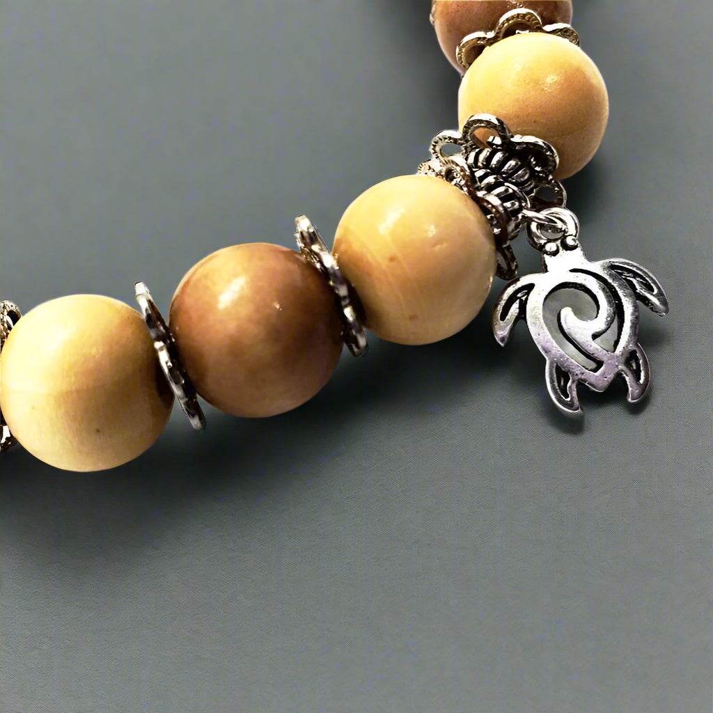 Turtle Charm  Natural Wood Bead Stretchband - South Florida Boho Boutique