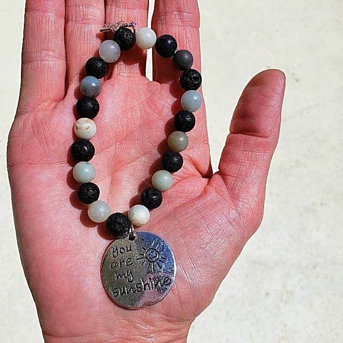 Lava Stone Diffuser Stretchband With Amazonite And Sunshine Charm - Handmade - South Florida Boho Boutique