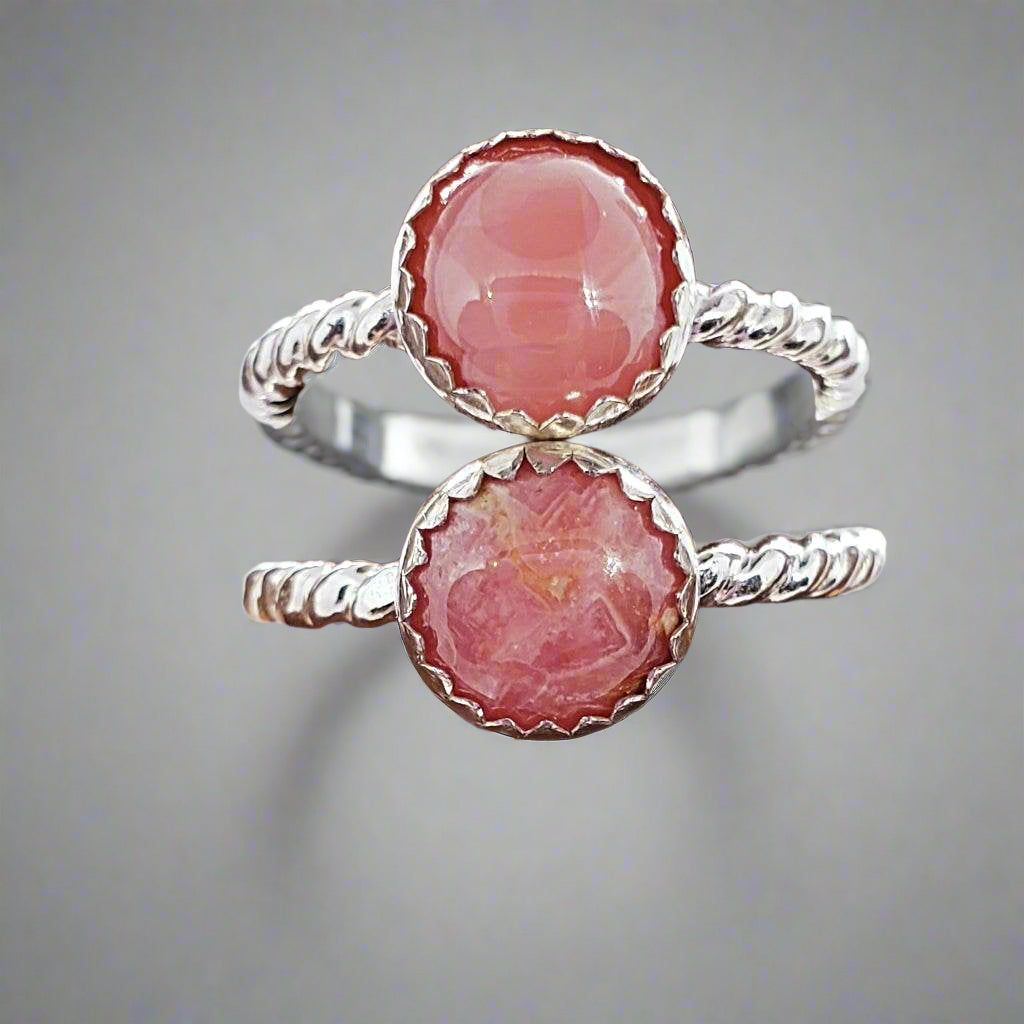 Sterling Silver Twisted Band With Rhodochrosite Cabochon - South Florida Boho Boutique