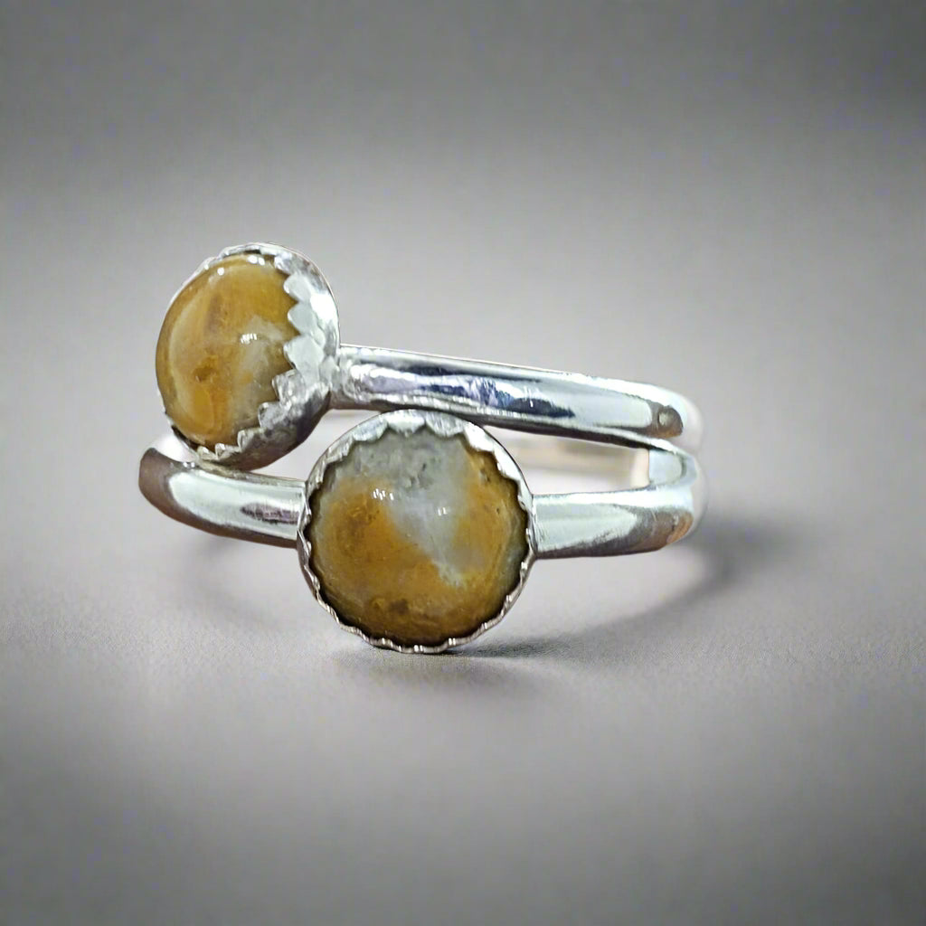 Sterling Silver Smooth Round With Crazy Lace Agate Cabochon - South Florida Boho Boutique