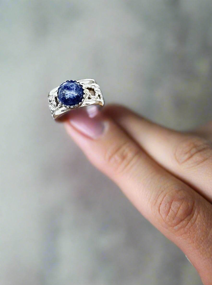 Sterling Silver Wide Band With Lapis Lazuli Cabochon - South Florida Boho Boutique