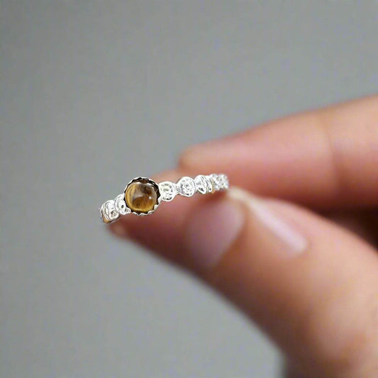 Sterling Silver Daisy Band with Tigers Eye Cabochon - South Florida Boho Boutique
