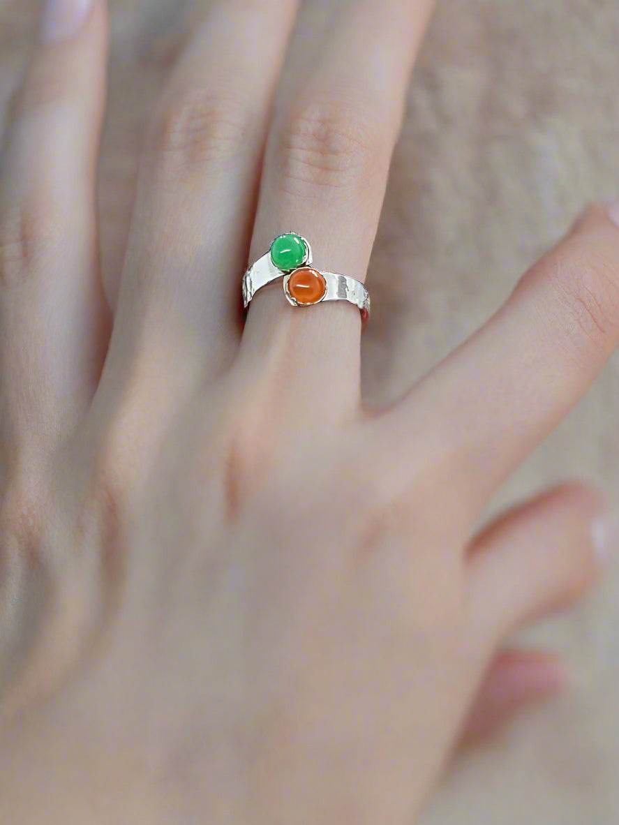 Sterling Silver Chakra Bypass Ring With Green And Orange Cabochon - Adjustable - South Florida Boho Boutique
