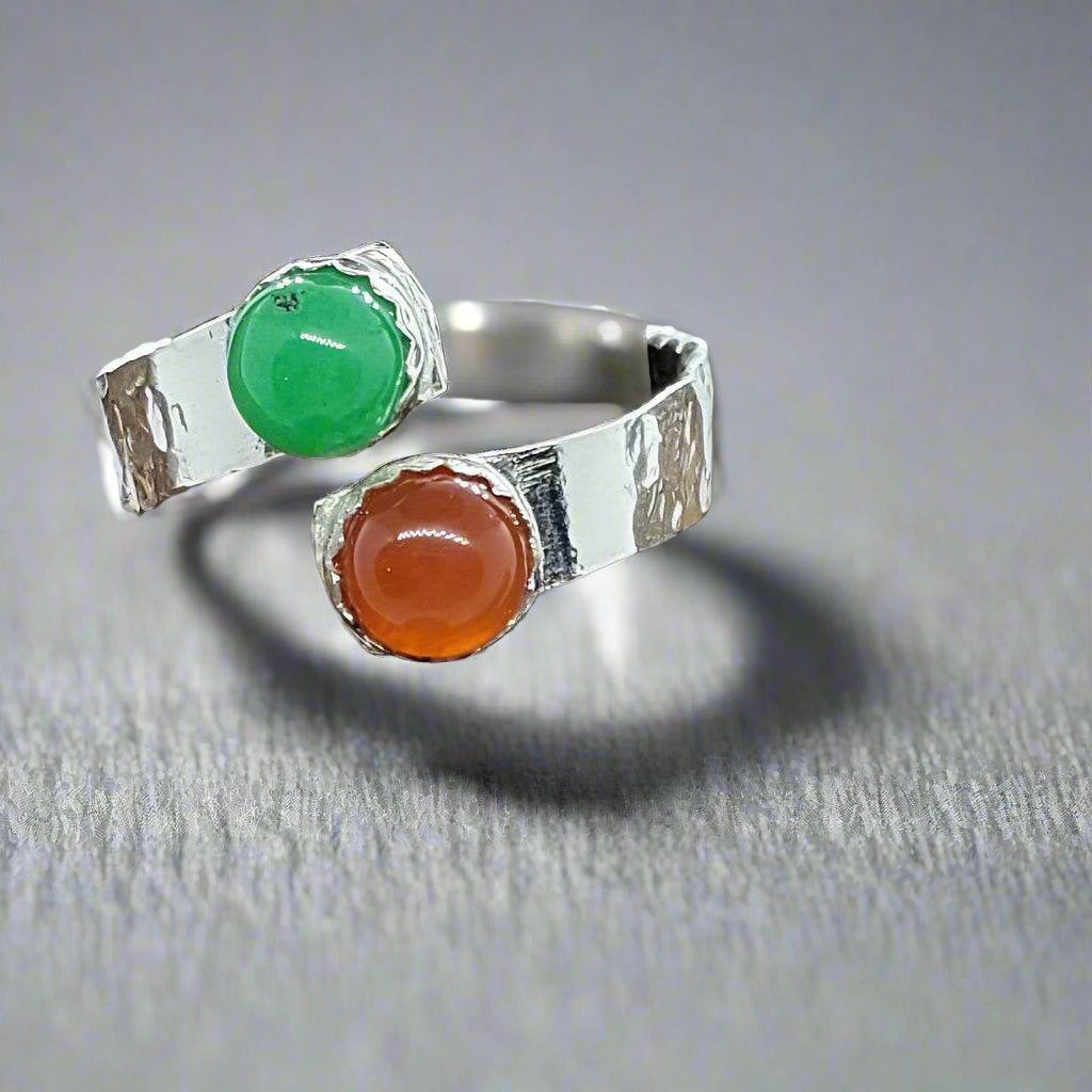 Sterling Silver Chakra Bypass Ring With Green And Orange Cabochon - Adjustable - South Florida Boho Boutique
