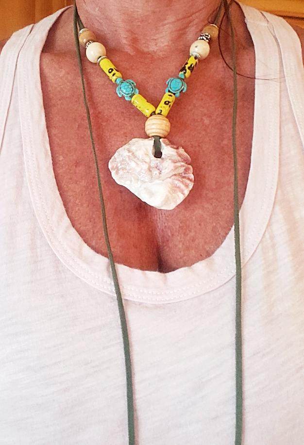 Boho Long Adjustable Green Necklace - Lariat - Beach Boho Style - Seashell - Turquoise Turtle Charms - South Florida Boho Boutique