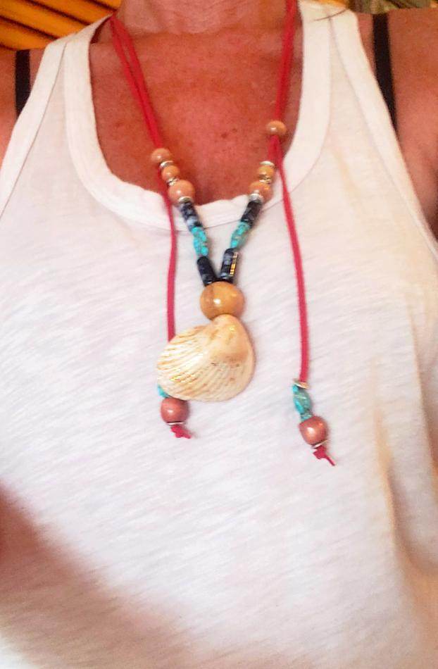 Boho Adjustable Long Red Necklace - Lariat - Beach Boho Style - Seashell - Turquoise Turtle Charms - South Florida Boho Boutique