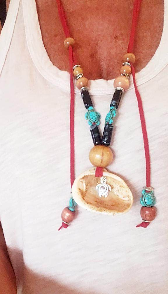 Boho Adjustable Long Red Necklace - Lariat - Beach Boho Style - Seashell - Turquoise Turtle Charms - South Florida Boho Boutique