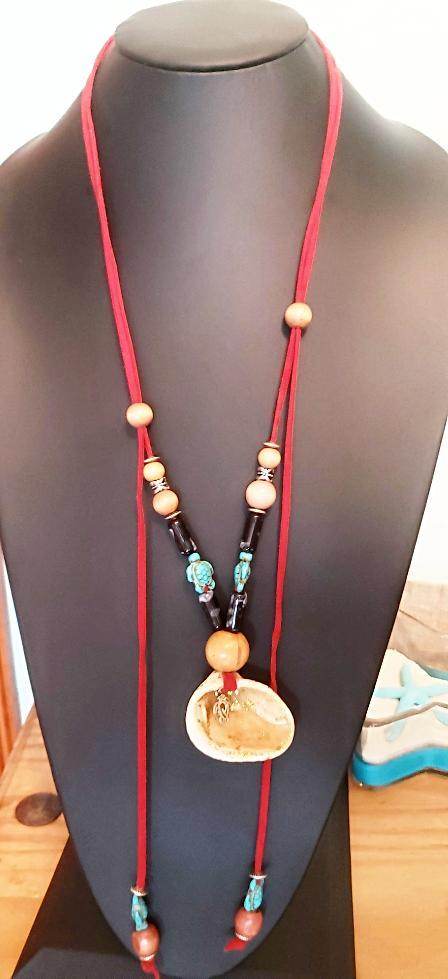 Boho Adjustable Long Red Necklace - Lariat - Beach Boho Style - Seashell - Turquoise Turtle Charms - South Florida Boho Boutique