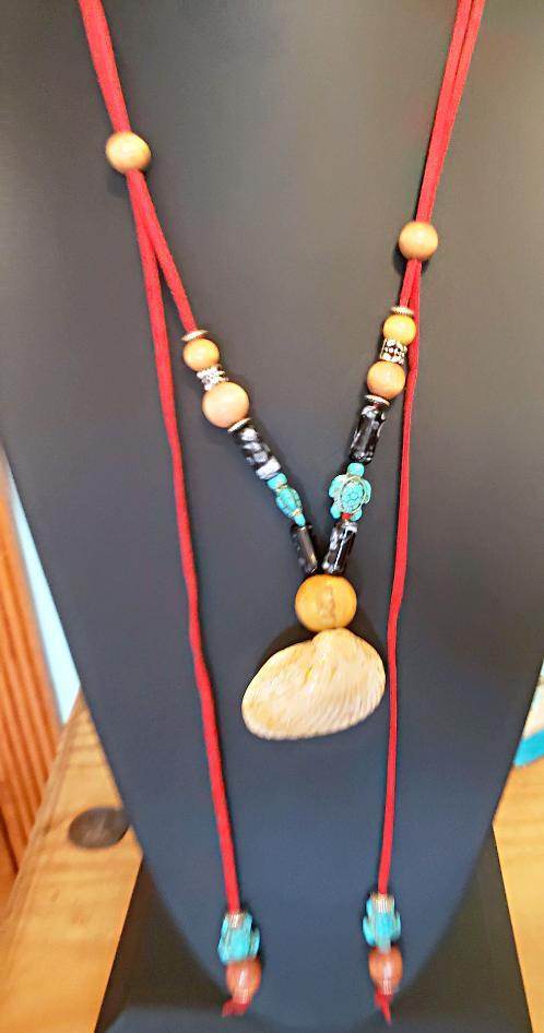 Boho Adjustable Long Red Necklace - Lariat - Beach Boho Style - Seashell - Turquoise Turtle Charms - South Florida Boho Boutique