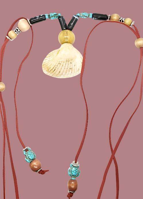 Boho Adjustable Long Red Necklace - Lariat - Beach Boho Style - Seashell - Turquoise Turtle Charms - South Florida Boho Boutique