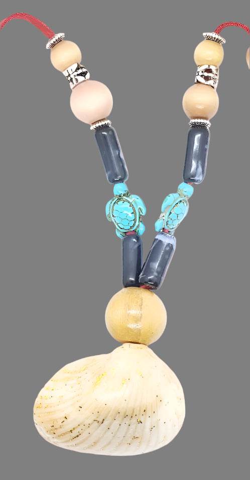 Boho Adjustable Long Red Necklace - Lariat - Beach Boho Style - Seashell - Turquoise Turtle Charms - South Florida Boho Boutique