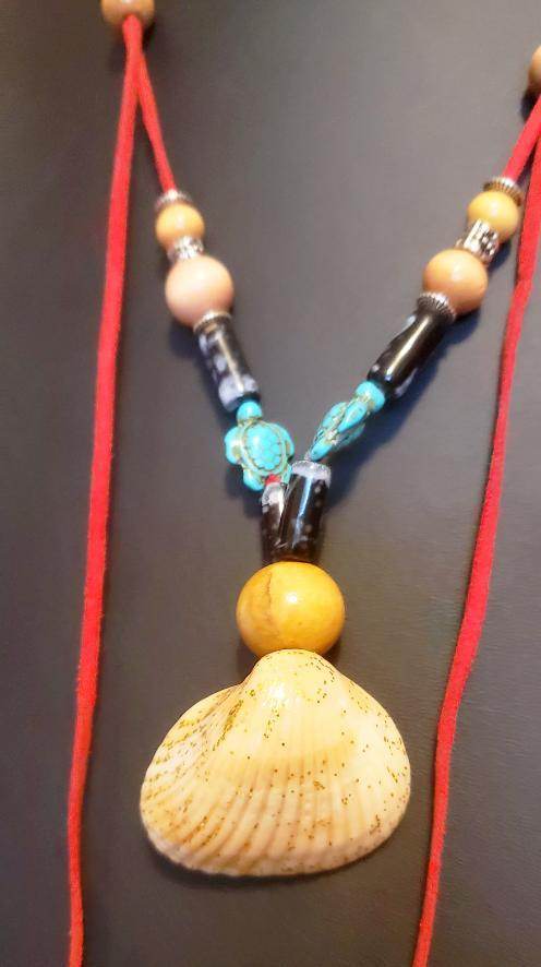 Boho Adjustable Long Red Necklace - Lariat - Beach Boho Style - Seashell - Turquoise Turtle Charms - South Florida Boho Boutique