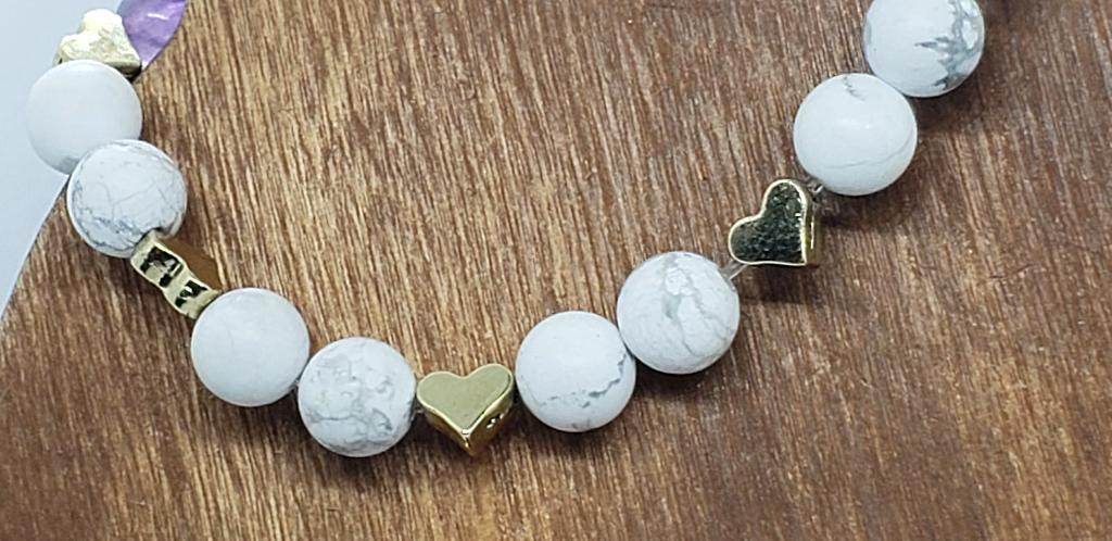 Handmade Beaded Bracelet - Chakra Gemstone White Marbled Howlite - Stretchband - South Florida Boho Boutique