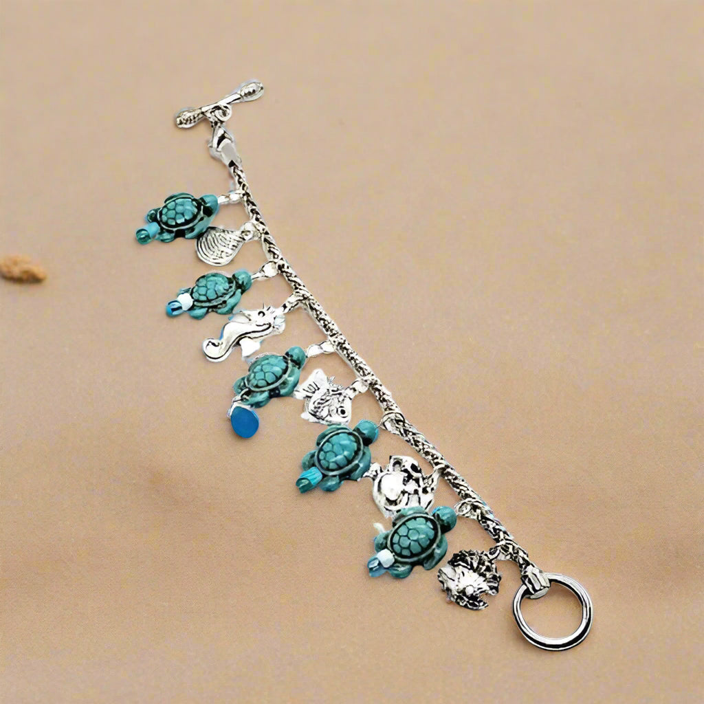 Silver Bracelet With Turquoise Turtle -Blue Beads - Nautical Charms - Beach Boho - Nautical Style - South Florida Boho Boutique