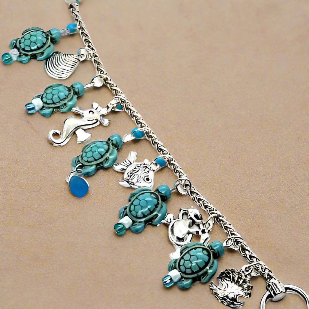 Silver Bracelet With Turquoise Turtle -Blue Beads - Nautical Charms - Beach Boho - Nautical Style - South Florida Boho Boutique