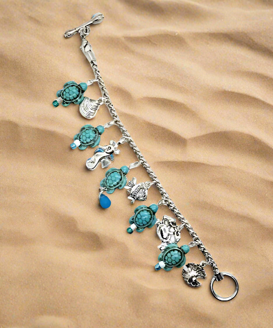 Silver Bracelet With Turquoise Turtle -Blue Beads - Nautical Charms - Beach Boho - Nautical Style - South Florida Boho Boutique